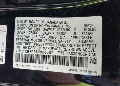 2024 Honda Civic Sport from USA, damaged, VIN 2HGFE2F53RH586083